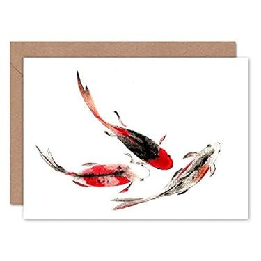 Imagem de Wee Blue Coo Cartão comemorativo japonês Koi Fish preto e vermelho com envelope dentro de qualidade premium