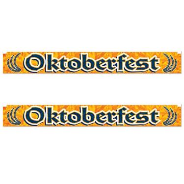 Imagem de Beistle Faixas Oktoberfest com tema alemão de plástico metálico com franjas, decorações de festa da Baviera, 19 cm x 1,5 m, laranja/amarelo/azul-marinho