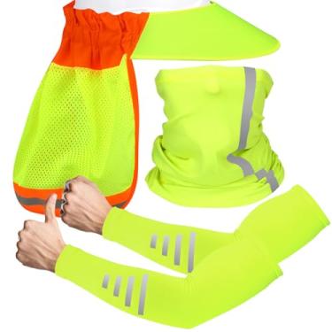 Imagem de Protetor solar de chapéu rígido com viseira de aba completa, proteja seu pescoço do sol, protetor solar UV protetor de capacete mangas de braço com faixa refletiva, conjunto de 4 peças