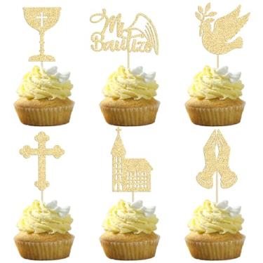 Imagem de Gyufise Enfeite de cupcake dourado espanhol Mi Bautizo com glitter cruz anjo pomba igreja batismo decorações de cupcake para tema God Bless chá de bebê crianças aniversário Natal festa suprimentos 24