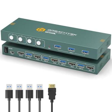 Imagem de GREATHTEK Usb3.0 Kvm Switch Hdmi 4K @ 60Hz para 4 Computadores Compartilham 1 Monitor, Kvm Switch 4 Portas com 3 Portas Usb 3.0 Compartilham Teclado e Mouse, Interruptor de Botão de Suporte, Ligar e U