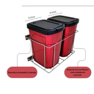 Imagem de Lixeira Dupla Deslizante 18 Litros Lateral Vermelha - Metais ADR