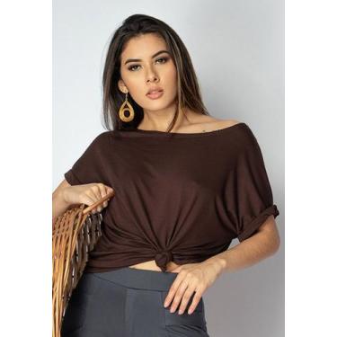 Imagem de Blusa Básica Morcego Malha Gola Canoa Manga Curta Marrom - Amazonia Vi