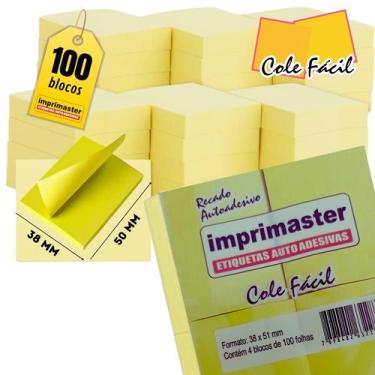 Imagem de 100 Blocos Recados Cole Fácil 38x50mm 100 Folhas Cor Amarelo - Produto