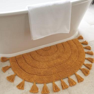 Imagem de Lindo tapete Boho com borlas para o seu banheiro - Tapete macio 100% algodão meio círculo se encaixa perfeitamente em sua casa - um tapete de crochê fofo, antiderrapante e absorvente, ideal para