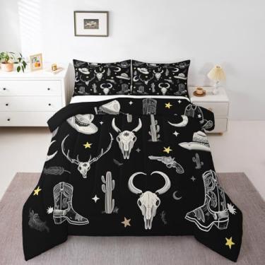 Imagem de Feelyou Weatern Conjunto de cama Queen Size Wild Western Cowboy para decoração de crianças, meninos, meninas, caveira de vaca, conjunto de edredom de microfibra, conjunto de edredom e chapéu de cowboy
