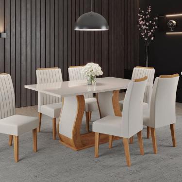 Imagem de Conjunto Mesa de Jantar Retangular Manuela 160cm X 80cm com Vidro e 6 Cadeiras Mel /Off White/ Marfim