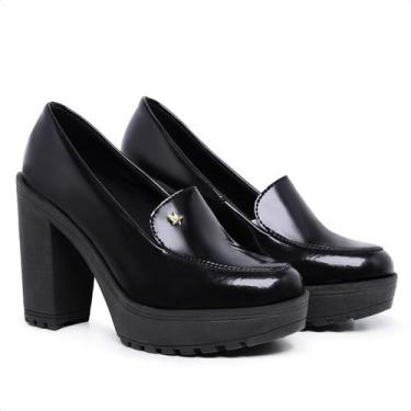Imagem de Mocassim Feminino Oxford Salto Alto Com Metal Preto Verniz - Myrol Out