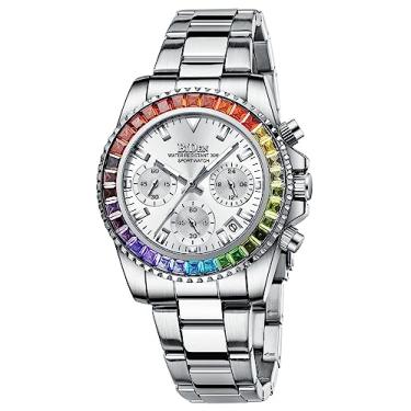 Imagem de Relógios femininos coloridos de diamante, cronógrafo, com bisel giratório, vidro mineral, luminoso, aço inoxidável, à prova d'água, data, analógico, quartzo, relógio de pulso moderno para negócios