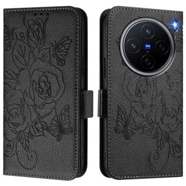 Imagem de Capa carteira rosa e borboleta em relevo para vivo X200 Pro Mini, [bloqueio RFID] [suporta carregamento sem fio] 3 compartimentos para cartão e 1 compartimento para dinheiro, capa flip com fivela