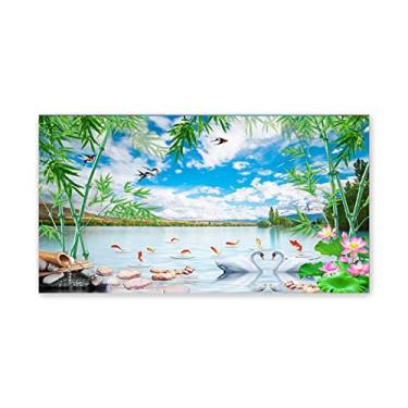 Imagem de JZSDGB Imagens modernas de bambu, pássaro, cisne, paisagem, arte de parede, pintura em cascata, natureza, impressões em tela e pôster para decoração de sala de estar 80 x 160 cm (31 x 63 pol), sem