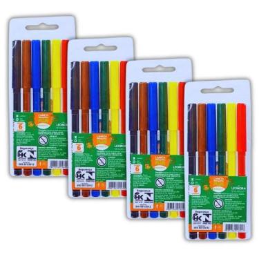 Imagem de 4 Kits Canetinhas Hidrográficas 6 Cores Leo&leo Lavável - Cia Bebê