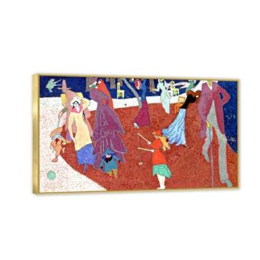 Imagem de MOBYAT Quadro dourado Lyonl Feininger Impressões, famosas pinturas a óleo sobre tela, Diabolo Players I, arte de parede expressionismo, decoração de sala de estar 70 x 120 cm (71.1x119.4 cm)