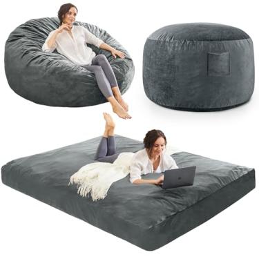 Imagem de Cadeiras de pufe para adultos – Cadeira gigante para pufe conversível – Cadeira Beanbag com cobertura de microfibra/enchimento de espuma para móveis – Sofá de chão no quarto do dormitório – Queen