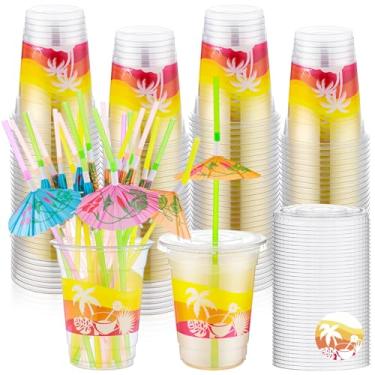 Imagem de Blushtier Conjunto de 100 copos de festa havaianos luau de 340 g com tampas e canudos coloridos de guarda-chuva tropical transparente copo de plástico para decoração de festa de despedida de solteiro
