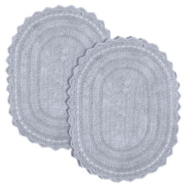 Imagem de Tapete de banheiro cinza claro com padrão de crochê oval 61 x 43 cm, pacote com 2 tapetes de banho Boho reversíveis para decoração de casa