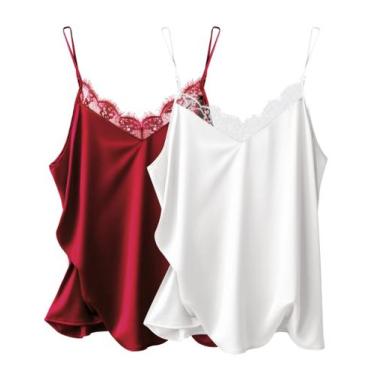 Imagem de Camisola Ekouaer, seda acetinada, decote em V, alças espaguete