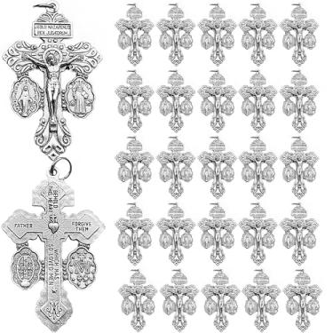 Imagem de HUPUJRS 30 peças crucifixo para rosário, pacote a granel, medalha de São Bento, rosários católicos e crucifixo de perdão, peças de rosário, prata