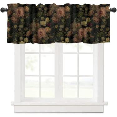 Imagem de JanJCurt Saia de janela floral preta, rústica aquarela botânica peônia rosa vintage folhas planta boho impressão gótica blackout cortina de janela curta para cozinha, quarto, sala de estar, 137 x 45