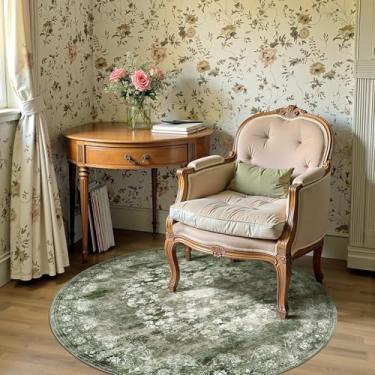 Imagem de jinchan Tapete redondo de 1,2 m - Tapete verde vintage cozinha interna - Círculo lavável 1,2 m fino estampa floral tapete retrô fazenda antiderrapante sala de jantar sala de estar quarto escritório