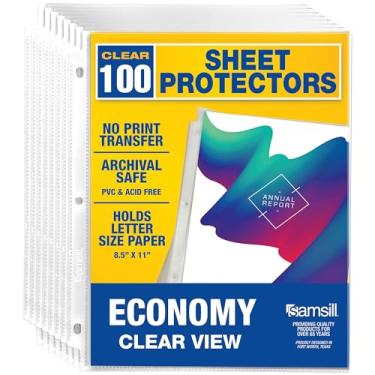 Imagem de Samsill Pacote com 100 protetores de folha, protetores de página de 21 x 28 cm para fichário de 3 anéis, peso padrão, protetor transparente, tamanho carta, carregamento superior, sem ácido