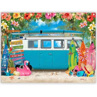 Imagem de ZTHMOE 2,4 x 1,8 m Fundo de fotografia de praia havaiana de verão azul caravana viagem acampamento fundo prancha de surf luau flor tropical litoral ônibus foto tapeçaria adereços