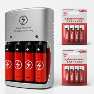 Imagem de Carregador De Pilhas Recarregáveis Bivolt Rápido + 4 Pilhas Aa E 4 Aaa