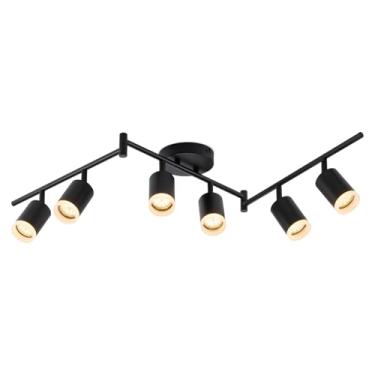 Imagem de Bojim Kit de iluminação de pista 6 pretos claros, teto de luminárias de pista de LED moderno, cabeça de luz LED giratória flexível com anel de acrílico, luz de trilho de teto de cozinha (GU10