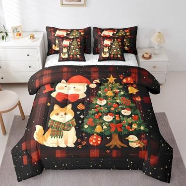 Imagem de Erosebridal Jogo de cama solteiro com enfeites de Natal, para meninos e meninas, conjunto de edredom de gato Kawaii, 7 peças, cama de árvore de Natal em uma bolsa, conjunto de lençol com tema de