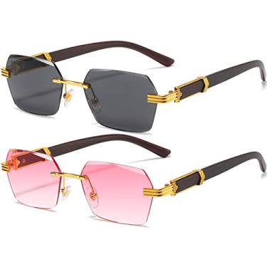 Imagem de AIEYEZO Óculos de sol retrô sem aro retangular, unissex, vintage, sem moldura, modernos, quadrados, matizados, Pacote com 2 (dourado/cinza + gradiente dourado/rosa), MM