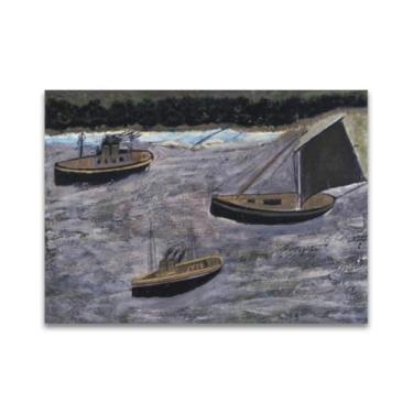 Imagem de Reproduções de pinturas famosas de Alfred Wallis-(Three Boats) Impressões em tela - quadros decorativos para sala de estar 55 x 77 cm (21,6 x 30,3 pol) sem moldura