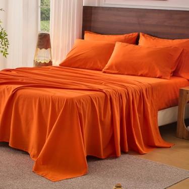 Imagem de Bedlifes Jogo de lençóis de linho 100% puro francês California King Size respirável e refrescante macio, durável e absorvente de umidade, bolso profundo de 40 cm - 4 peças (Cal King, laranja)