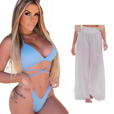 Imagem de Biquini + Saída De Praia Calça Tule Moda Praia Kit Conjunto - Look Dre