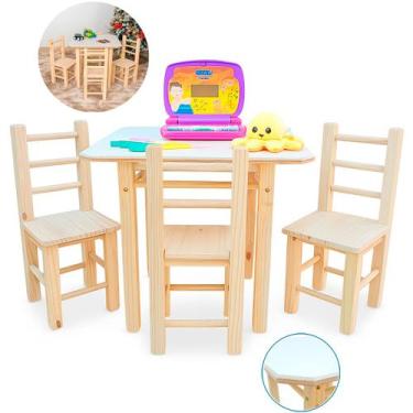 Imagem de Mesa Com 4 Cadeiras Natural Infantil De Madeira Maciça Resistente Prem
