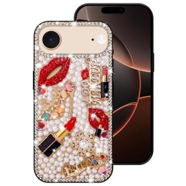 Imagem de Erolagomat Capa brilhante para iPhone 17 Air, capa de telefone de designer de luxo brilhante com glitter brilhante diamante strass lábios batom flores pérolas salto alto, capa amortecedora macia para