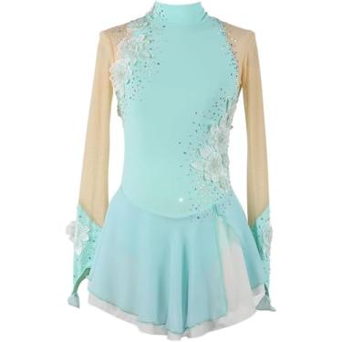 Imagem de Meninas Patinação Artística Vestido Terno De Competição Mulheres Mangas Compridas Strass Ginástica Collant Ballet Dança Outfit, Green, L