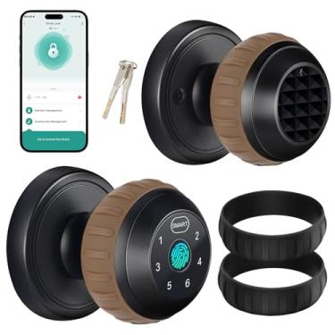 Imagem de Kuelor Maçaneta de porta inteligente com teclado e anel de silicone – Entrada de impressão digital sem chave com controle de aplicativo (marrom e preto) para quarto, escritório, Airbnb, aluguel de