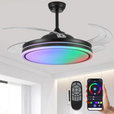 Imagem de Zynfandor Ventilador de teto RGB retrátil de 132 cm com luz, alto-falante embutido, lustre moderno de 6 velocidades, lâminas retráteis, lustre regulável, ventilador de teto com controle remoto de