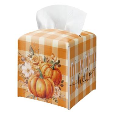Imagem de Suporte de caixa de lenços de abóbora de outono, capa quadrada de caixa de lenços de couro xadrez laranja, organizador de papel facial para colheita de outono, suporte de papel higiênico para banheiro
