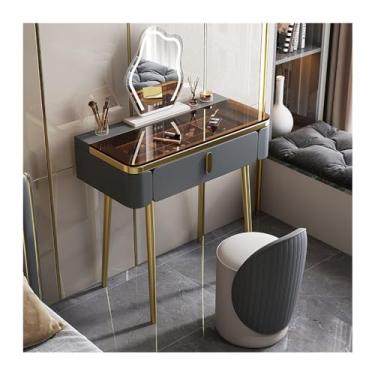 Imagem de Escrivaninha de penteadeira Vaidade de maquiagem com tampo vidro glam Mesa espelho e cadeira vaidade pernas mesa metal(Dark Grey,Médio)