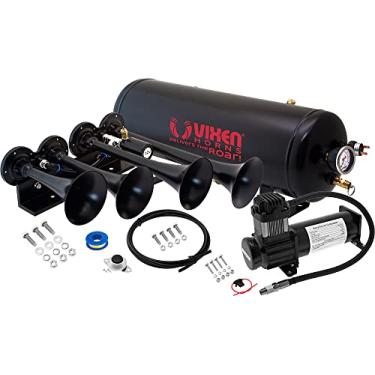 Imagem de Vixen Horns Kit de buzina de trem para caminhões/carros/semi. Sistema integrado completo - compressor de ar de 200psi, tanque de 2,5 galões, 4 trompetas. Super alto dB. Serve para veículos como