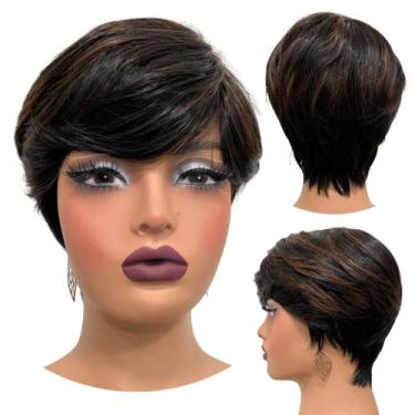 Imagem de Peruca curta preto mechas castanho claro mel c/ franja F2/30 - LIONSWI