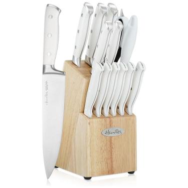 Imagem de Conjunto de Facas em Aço Inoxidável com Bloco de Bancada e Rebite Triplo Forjado Clássico, 14 Peças, Harriet, Branco