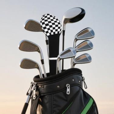Imagem de 1 peça de capa de taco de golfe de malha para 1# motorista (460 cc) madeira com etiquetas numéricas giratórias para homens e mulheres (tabuleiro de xadrez preto e branco
