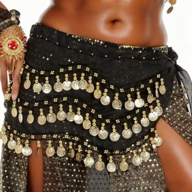 Imagem de Cachecol WAYDA Hip para dança do ventre, cachecol de dança do ventre com 128 saias de moedas de ouro para dança do ventre, zumba ou aula de ioga, excelente para prática de dança do ventre, Preto