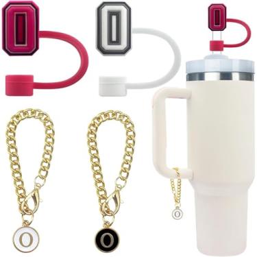 Imagem de 4 peças de acessório de garrafa de água com letras fofas compatíveis com copos Stanley, tampa de cobertura de canudo à prova de poeira de silicone, pingente de chaveiro de copo personalizado