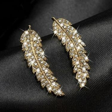 Imagem de Brincos de zircônia cúbica redonda folheados a ouro branco com design de folha na moda para mulheres, casamento, noivas, festas noturnas, uso diário, joia leve, brinco, presente para ela, 2inch, Cobre