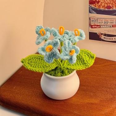 Imagem de Vaso de flores de crochê, Forget Me Not, miniflores artificiais, feito à mão, tricotado para casa, escritório, mesa, carro, decoração interna, presente de apreciação de aniversário atencioso para