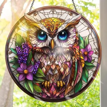 Imagem de Apanhador solar de acrílico colorido, decoração de janela suspensa de coruja com design de vitral impresso, apanhador de sol, arte de parede de arco-íris, ideia de presente e ornamento de jardim, uso