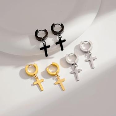 Imagem de Conjunto de 3 pares de brincos de cruz de aço inoxidável para mulheres e homens, brincos de argola articulados, multicoloridos, preto, ouro e prata, joias modernas simples para presentear seus amigos